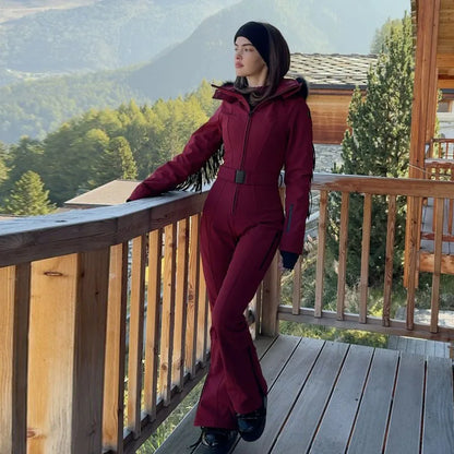 Casual Solid Tassels Women's Ski Suit Zippers Fur Hooded Slim High Waist Lady Jumpsuits 2025 Winter Fashion Female Warm Skiwear
