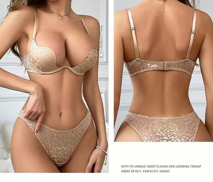 Logirlve Women's Fashion Backless Bra Set Invisible Push up Lingerie C/D Cup Deep U Plunge Brassiere Underwear Sexy Plunge Bra