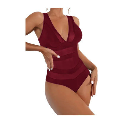 Sexy V-Neck One-Piece Swimsuit Quick-Dry with Chest Pad No Steel Support Triangle Monokini Swimwear for Women Adult Pure Color