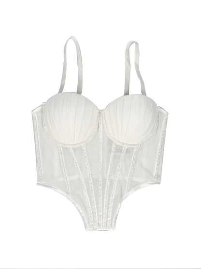 Sexy Mesh Design Camisole Vest Style Ladies Corset Tops with Chest Cushion Sparkling Diamond Decoration Fishbone Lingerie Tops