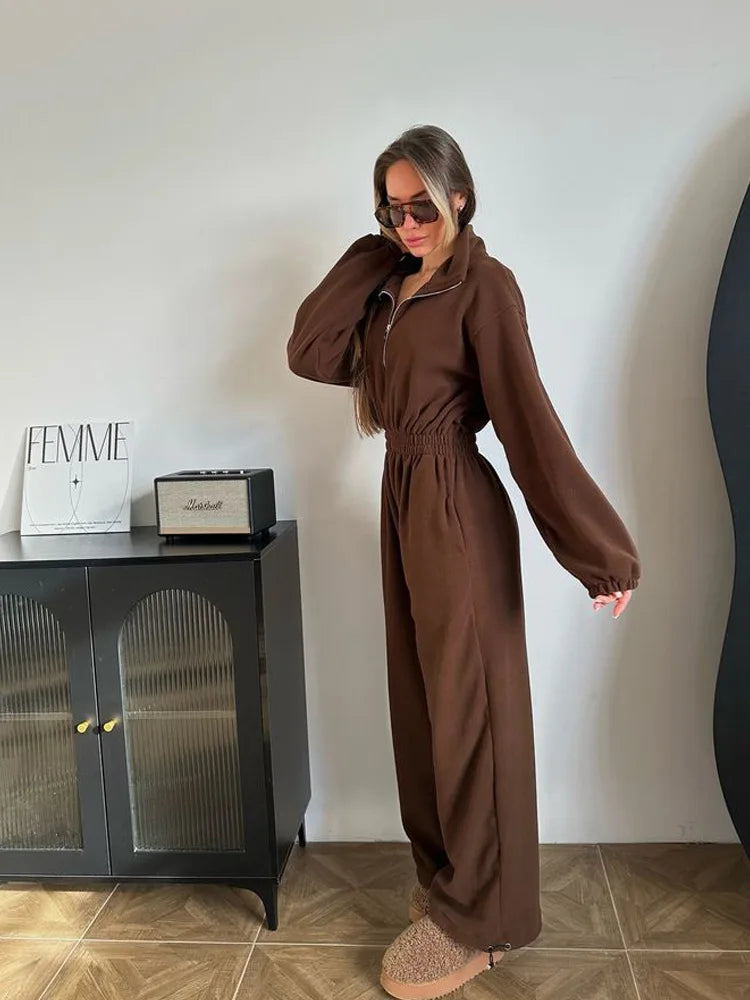 Zekye Woman Clothing New Fashion Long-sleeved Jumpsuit Women's Casual Semi-open Elastic Waist Jumpsuit Elegant Woman Jumpsuit