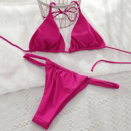 Women Bikini Set Low-cut Pleated Push Up Backless sexy hot girls Bikini Set Lace Up High Waist Halter Neck Bathing Suit Swimwear
