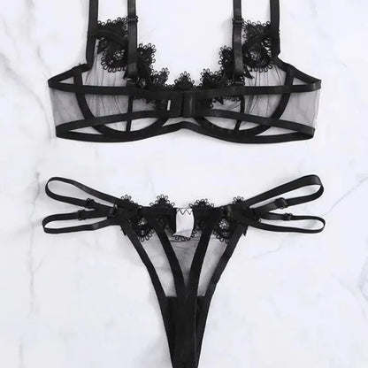 Women Lingerie Set Bra Thongs Underwire Two Piece Bowknot Transparent Mesh Lace Steel Ring Lingerie Underwear Erotic Sexy Bras