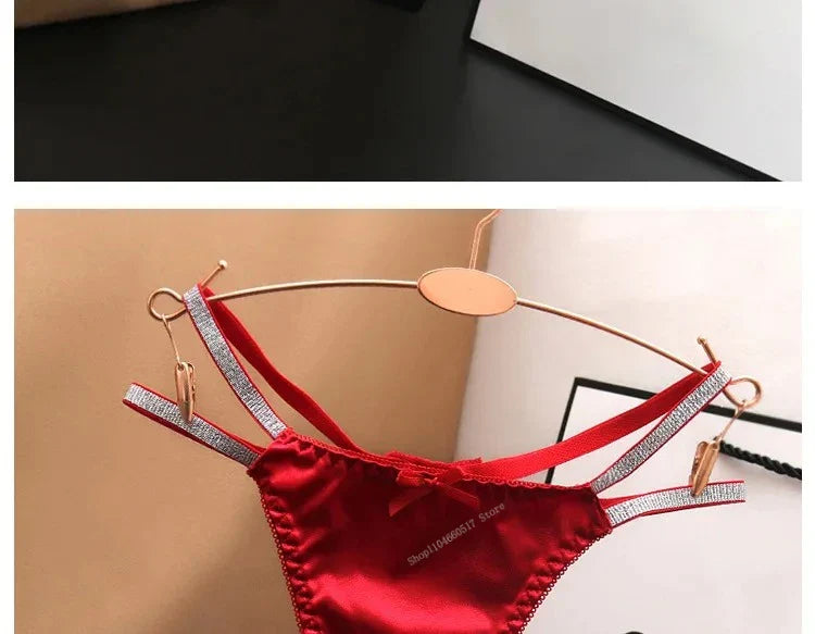 Sexy Silk Satin Thongs Hollow Out Fashion Solid Color Panties Cotton Crotch Low Waist Breathable Pure Color Women's Underwear