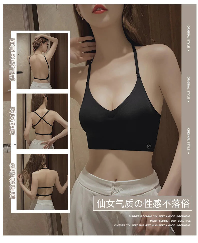 Sexy Large Backless U-shaped Beautiful Back Sling Underwear Women's Thin Section Seamless Small Chest Gathered Strapless Bra