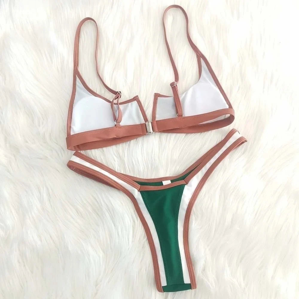 Contrast Vne Open Ba Thong Bikini Women's Patchwork ort Sve Overhead ort Pants Two-Piece Set Polyester Material