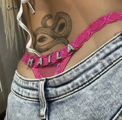 Custom Thongs with Name for Boyfriend Crystal Letter Body Jewelry Women Sexy Lace Bikini G-String Panties Valentine's Day Gift