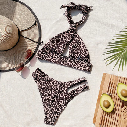 Bikini 2025 Sexy Swimwear Swimsuit Women Leopard Print Black Hollow Bandage Cross Halter Bikinis Set Bathing Suit Bikini Female