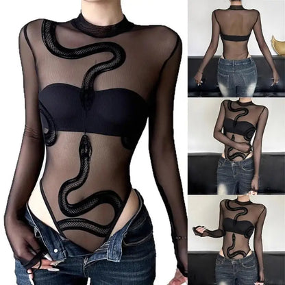 Womens Mesh Long Sleeve Bodysuit Round Neck Sheer Leotards Clothing Snake Bodysuit Top with Snap Crotch Clubwear Gifts