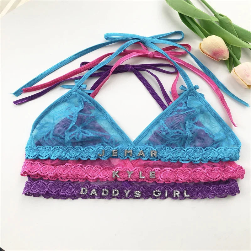 Custom Name Crystal Letter Bra and Panties Sets Sexy Lace Halter Bra Thong Personalized Customized Name Underwear G-String Gift