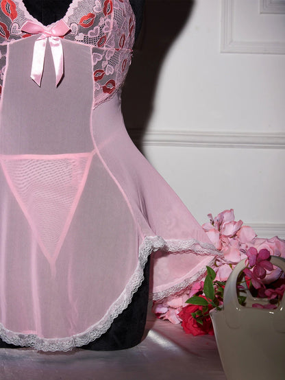 Pink Transparent Ultra Thin Hot Nightgown Women's Pajamas With Thongs Lace Mesh Dress For Sex V-Neck Backless Sexy Lingerie