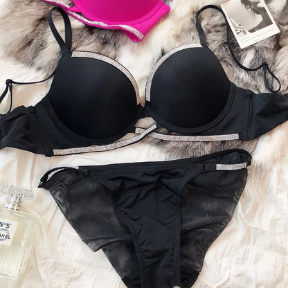 2 Pieces Sexy Underwear Set for Women Classic Cross Hollow Bra Sparkle Rhinestones Lingerie Deep V Push Up Brassiere Set