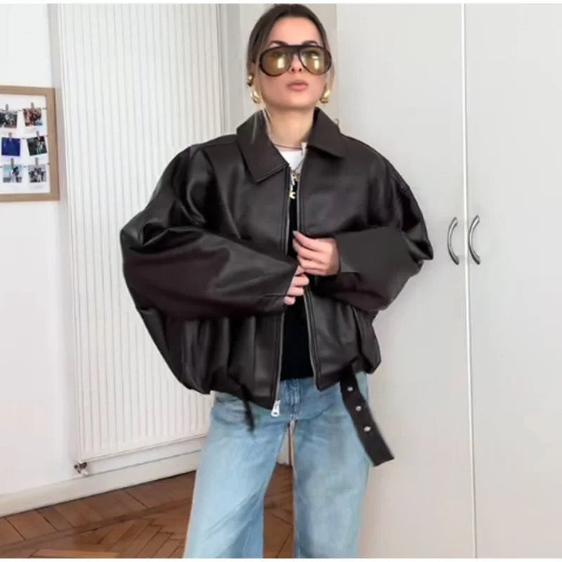 Street Stand Collar Women's Leather Jacket Loose Long Sleeve Zipper Pockets Chic Female Coats 2025 Autumn Winter Lady Outerwear