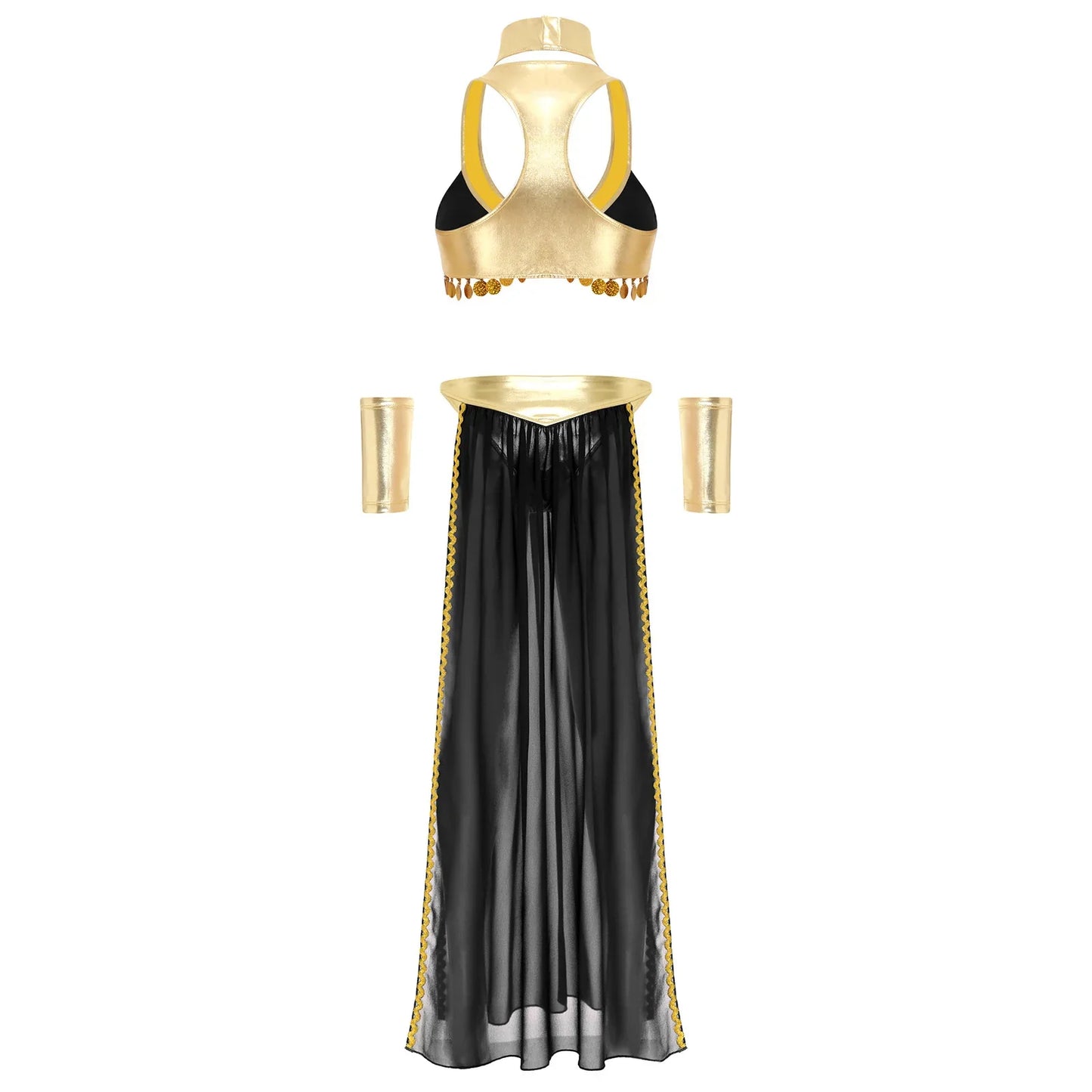 Women Halloween Cleopatra Ancient Egyptian Queen Sun Goddesses Cosplay Costume Crop Top with Skirt Choker Cuffs Belly Dance Set