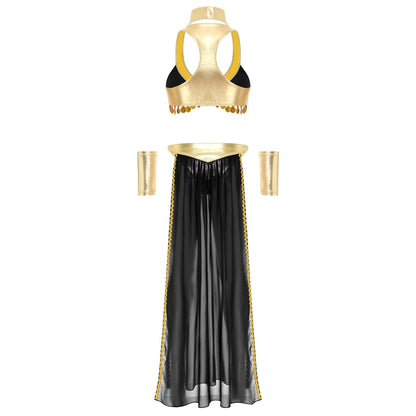 Women Halloween Cleopatra Ancient Egyptian Queen Sun Goddesses Cosplay Costume Crop Top with Skirt Choker Cuffs Belly Dance Set