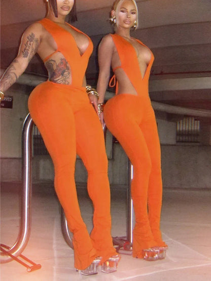 Sisterlinda Sexy Wild Style 2Piece Set Women Deep V-Neck Sleeveless Irregular Bodysuit+Skinny Peach Hip Pant Street Fashion Suit