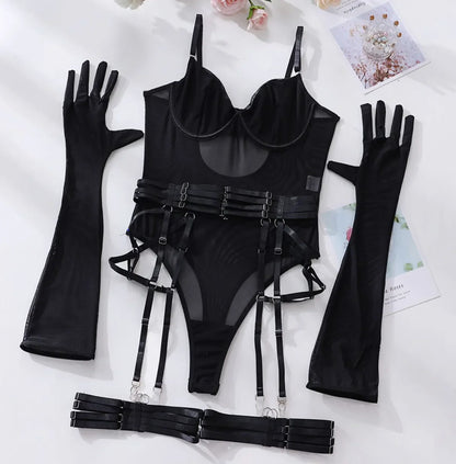 Bodysuit Sexy One-piece With Gloves Garters Mesh Women Rompers Clothing Body Suits Lace Jumpsuit Sweet Korean Women EV5W