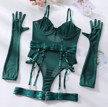 Bodysuit Sexy One-piece With Gloves Garters Mesh Women Rompers Clothing Body Suits Lace Jumpsuit Sweet Korean Women EV5W