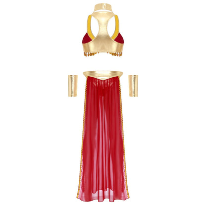 Women Halloween Cleopatra Ancient Egyptian Queen Sun Goddesses Cosplay Costume Crop Top with Skirt Choker Cuffs Belly Dance Set