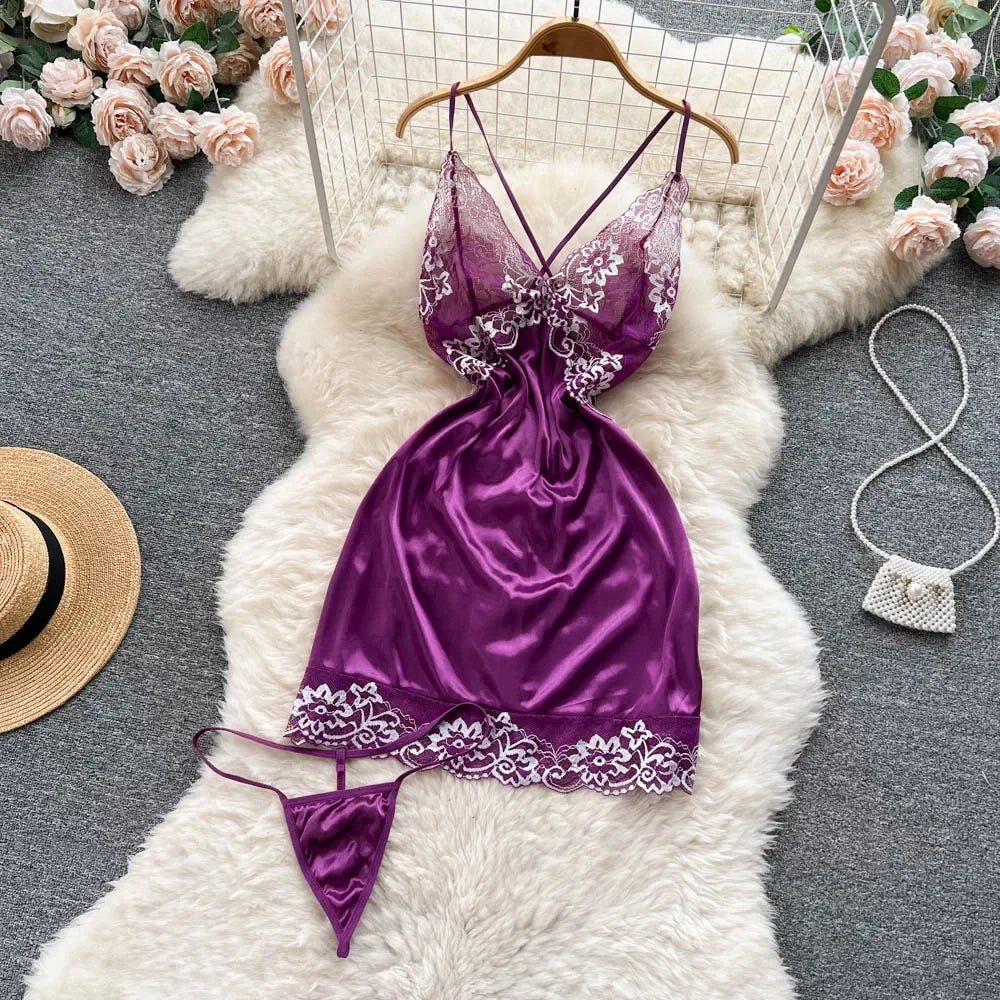 Sexy Lace Gauze Patchwork Strap Bodysuit Hollow Sleeveless Slim backless Women Erotic Lingerie Hotsweet Bow Night Maid Cosplay
