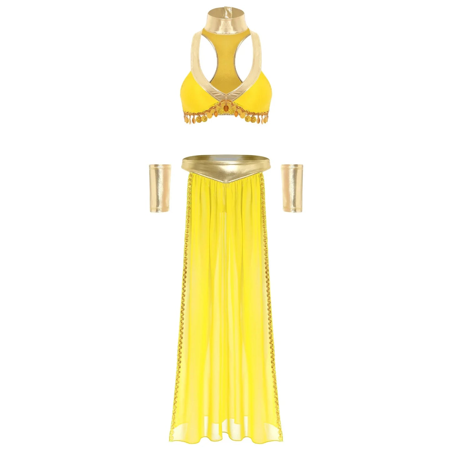 Women Halloween Cleopatra Ancient Egyptian Queen Sun Goddesses Cosplay Costume Crop Top with Skirt Choker Cuffs Belly Dance Set