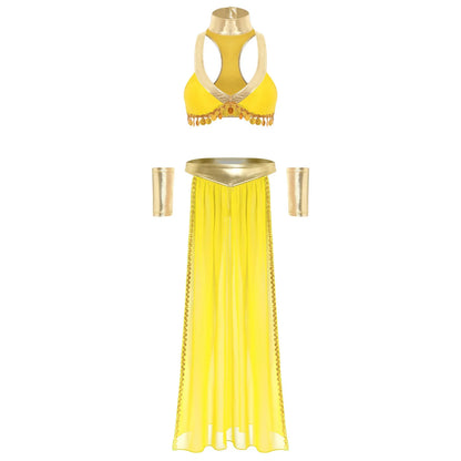 Women Halloween Cleopatra Ancient Egyptian Queen Sun Goddesses Cosplay Costume Crop Top with Skirt Choker Cuffs Belly Dance Set