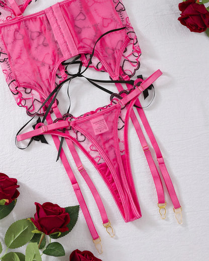 Mesh Erotic Women's Lingerie Set Lace See Through Sexy Heart Shape Embroidery Underwear and Thong Porn three-piece Set