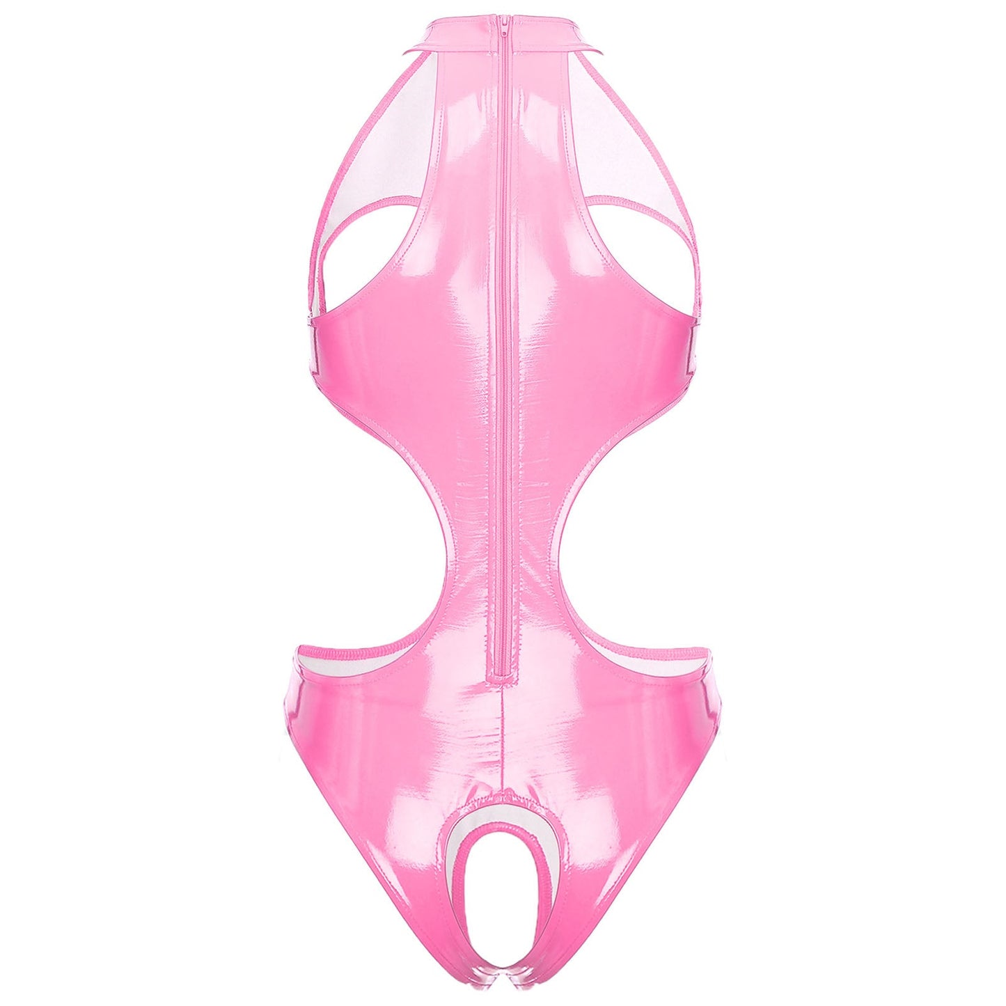 Womens Wet Look Faux Leather Hollow Out Open Breast Leotard Bodysuit Halter Neck Crotchless Jumpsuit Lingerie Teddy Nightwear