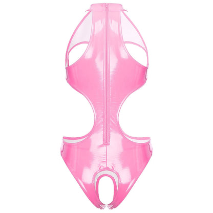 Womens Wet Look Faux Leather Hollow Out Open Breast Leotard Bodysuit Halter Neck Crotchless Jumpsuit Lingerie Teddy Nightwear