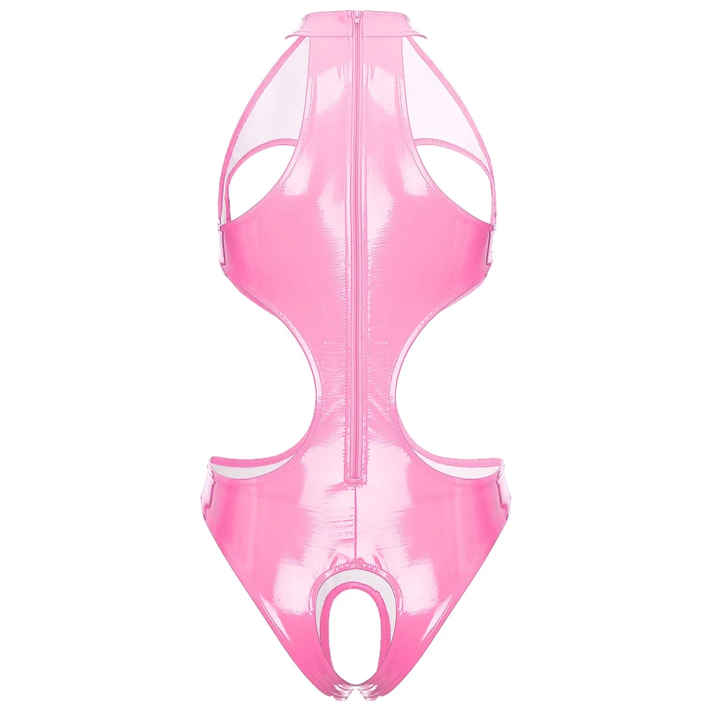Womens Wet Look Faux Leather Hollow Out Open Breast Leotard Bodysuit Halter Neck Crotchless Jumpsuit Lingerie Teddy Nightwear