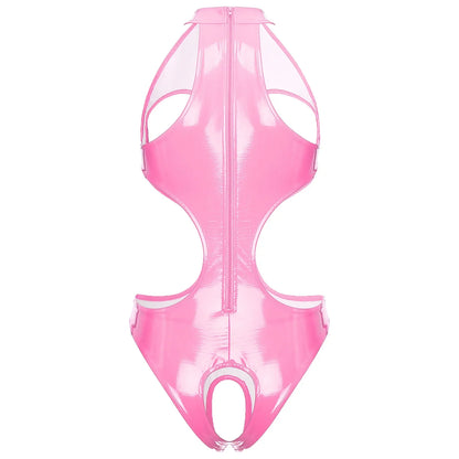 Womens Wet Look Faux Leather Hollow Out Open Breast Leotard Bodysuit Halter Neck Crotchless Jumpsuit Lingerie Teddy Nightwear