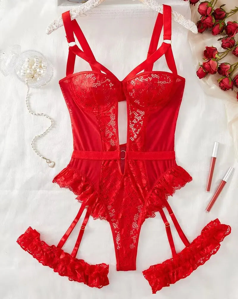 Women’s Sexy Lace Lingerie Bodysuit Hot Lenceria Intimates Set Sheer Mesh Underwire Garter Erotic Underwear 2025