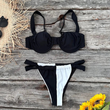 2025 Solid Thong Brazilian Bikinis Swimwear Women Swimsuit  Black White Bikini Set Bathing Suit Female Summer Beach Wear Biquini