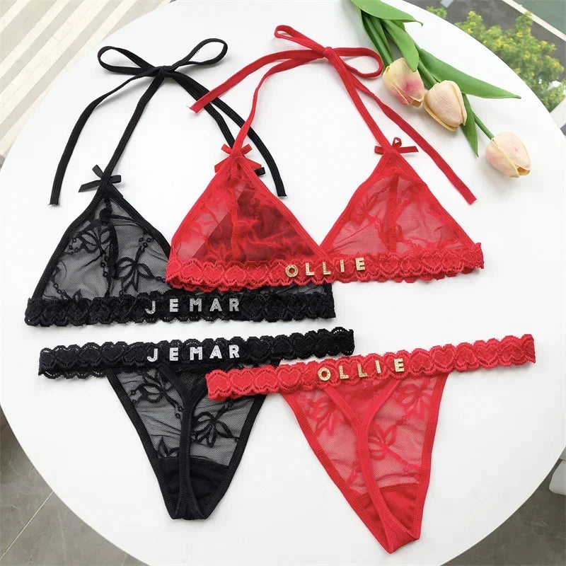 Custom Name Crystal Letter Bra and Panties Sets Sexy Lace Halter Bra Thong Personalized Customized Name Underwear G-String Gift