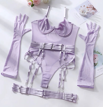 SINGREINY Sensual Sheath Solid Lingerie Rompers Fashion Oversleeve Strapless Slim Playsuits Women Sheer Mesh Sexy Bodysuits