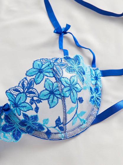 Floral Embroidery Transparent Mesh Bra Brief Sets Ultra Thin Straps Flowers Lace Sexy Lingerie Half Cup Woman Underwear 2025