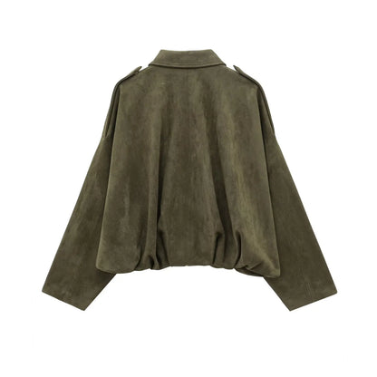 HH Women Brown Green Suede Jacket Loose Casual Bomber Coat Lapel Zipper Long Sleeve Jackets Vintage Lady Motorcycle Outwears