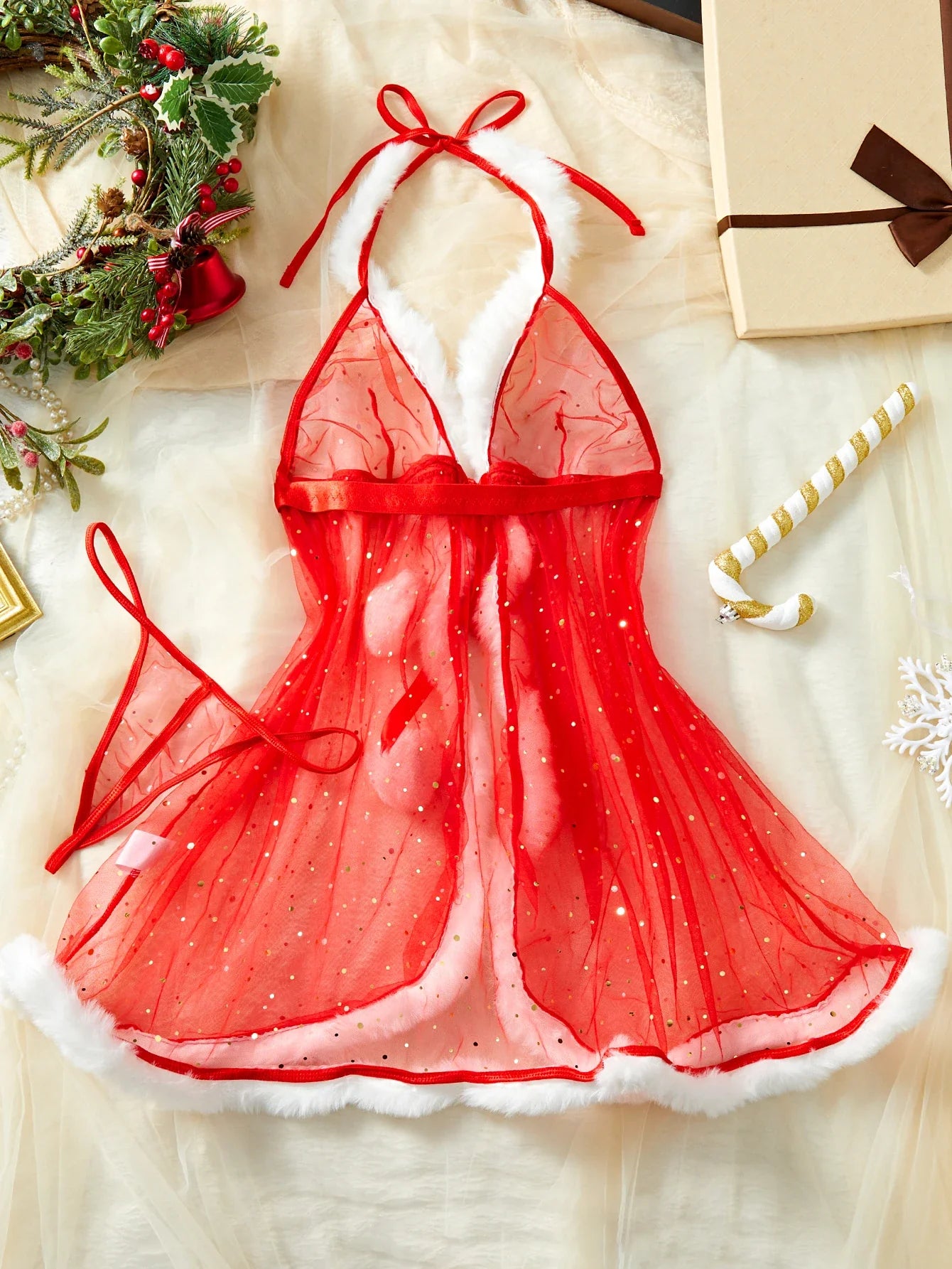 New Sexy Lingerie Christmas Exclusive Pajamas Seductive Expose The Body Exotic Red Lace Up Plush Skirt Babydolls Women Two-piece