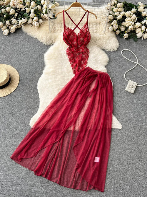 SINGREINY Lace Sensual Erotic Two Pieces Suits Camis Short Bodysuits Tops+Midi Long Mesh Chiffon Skirts Women Underwear Sets