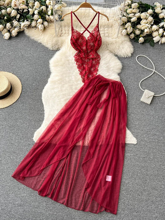 SINGREINY Lace Sensual Erotic Two Pieces Suits Camis Short Bodysuits Tops+Midi Long Mesh Chiffon Skirts Women Underwear Sets