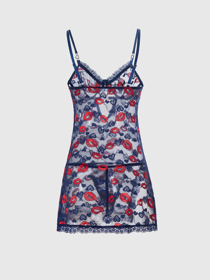 Sexy Red Lip Heart Mesh Nightgown Set Deep Blue Lace See-through Chemise Set Tempting Erotic Underwear Two-piece Set