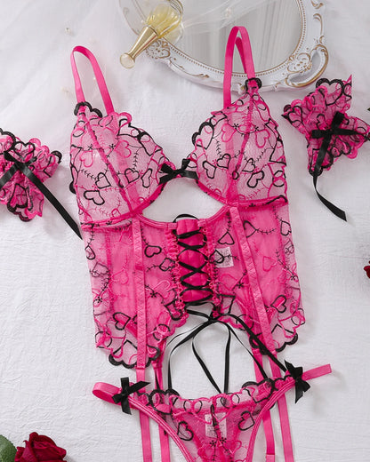 Mesh Erotic Women's Lingerie Set Lace See Through Sexy Heart Shape Embroidery Underwear and Thong Porn three-piece Set