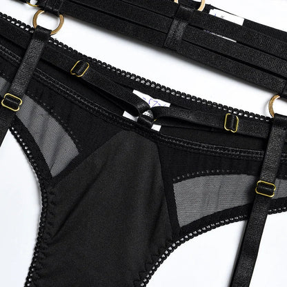 Yimunancy 3-Piece Black Bra Set Women Patchwork See Through Mesh Lingerie Set Ladies Sexy Panty Underwear Set