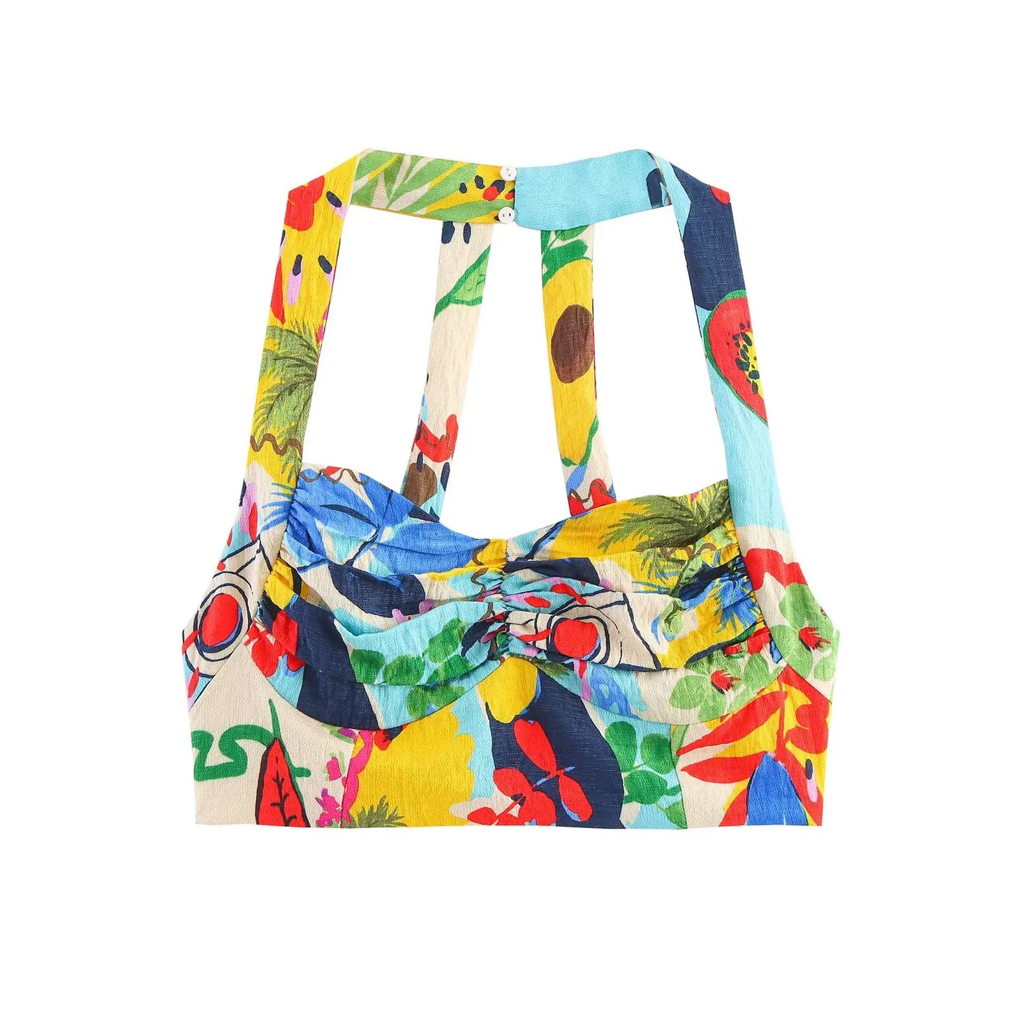 HH Women 2 Piece Set Sexy Sleeveless Backless Print Buttons Mini Sling Top+Elegant High Waist Buttons Beach Midi Skirt