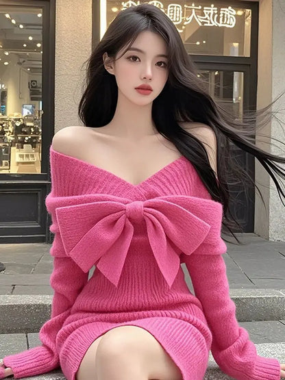 Elegant Party Dresses Rose Red V-neck Bow Long-sleeved Knitted Dress Autumn  Winter Waist-wrapped Short Sexy Dresses for Women