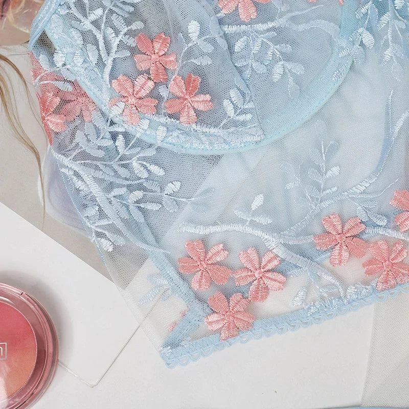 Lace Floral Embroidery See Through Bra and Panties Set for Women Underwear Sexy Lingerie Female 2 Pieces Bra Brief Sets