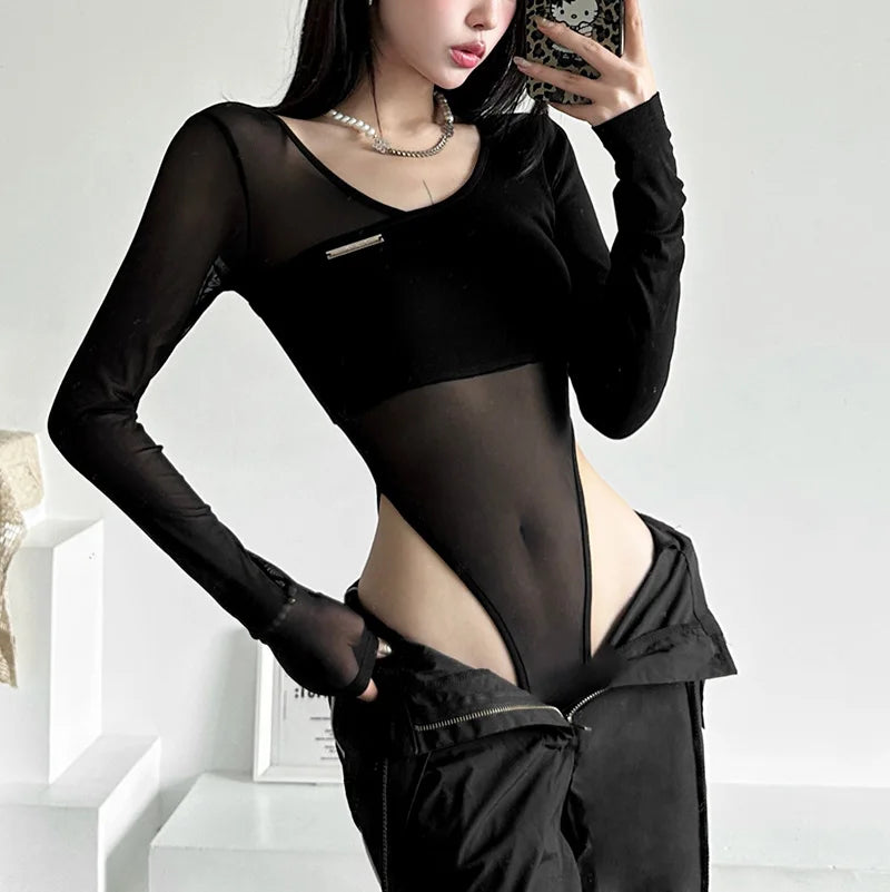 Black See Through Bodysuit Lingerie Sexy Long Sleeve Lenceria Femenina V-Neck One-Pieces Body Feminino Backless Tops For Women
