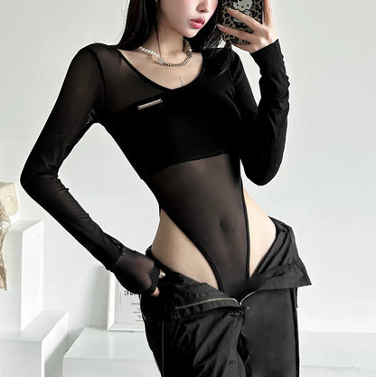 Black See Through Bodysuit Lingerie Sexy Long Sleeve Lenceria Femenina V-Neck One-Pieces Body Feminino Backless Tops For Women