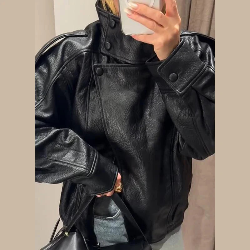 Stand Collar Women's Jacket Full Sleeve Double Button Solid Female Leather Jackets 2025 Autumn Fashion High Street Lady Outwears