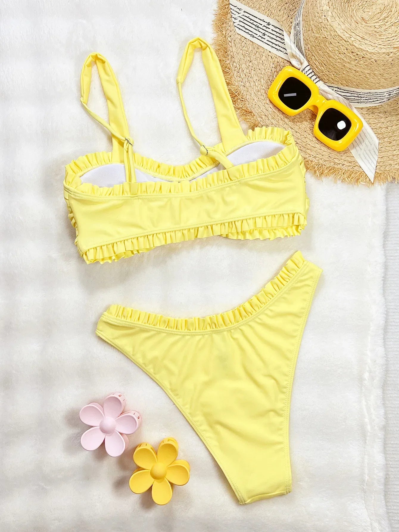 Vigoashely 2025 Sexy Ruffle Bikini Set Strapped Push UP Swimsuit High Cut Verge Swimwear Women Backless Yellow Bathing Suit